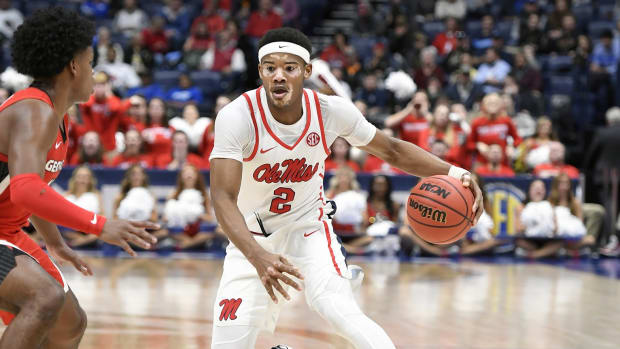 Mississippi Rebels guard Devontae Shuler (2) dribbles against the Georgia Bulldogs during the second half in the SEC conference tournament at Bridgestone Arena. Mandatory Credit: Steve Roberts-USA TODAY Sports